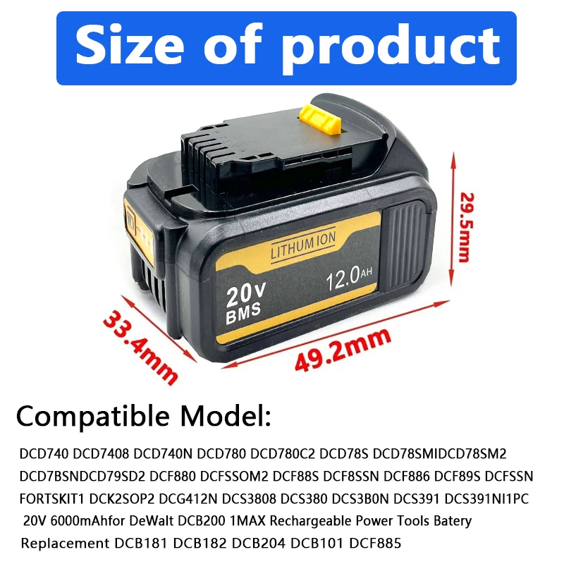 For DeWALT Battery 20V 3Ah 12Ah for DCB606 DCB205 DCB206 DCB209 DCB182 Power Tools Rechargeable Lithium-ion Fast Charging