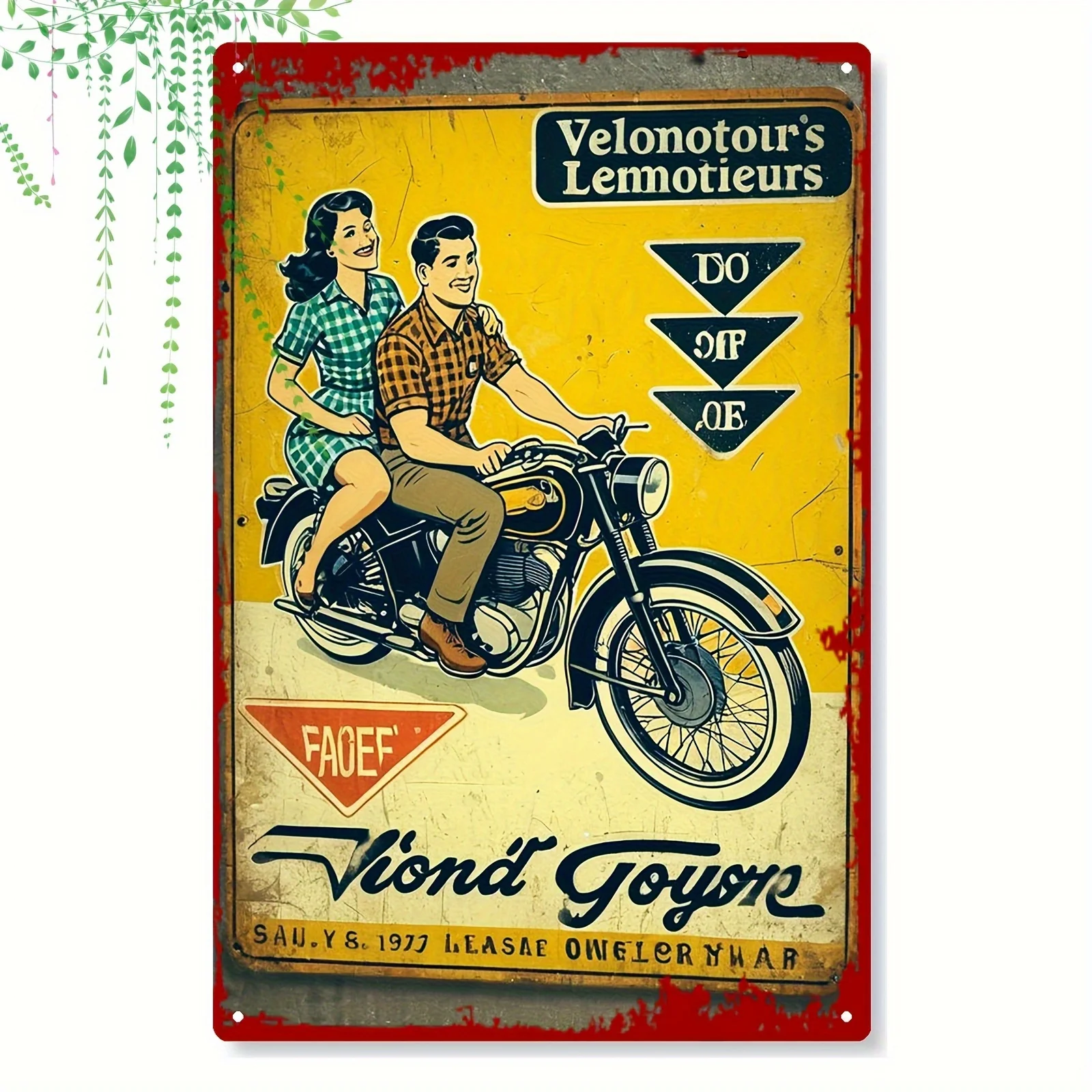 

Vintage Motorcycle Metal Wall Art- Rustic Iron Sign with Retro Motorcycle Couple, Faux Aged Finish, Durable Metal Home Decor fo