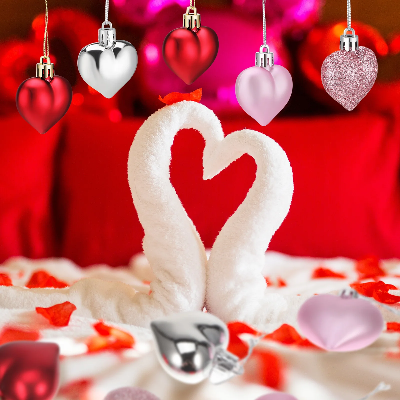 

48Pcs Heart Ornaments Shiny Heart Decoration Balls for Valentine Wedding Christmas Tree Home Hanging Decoration