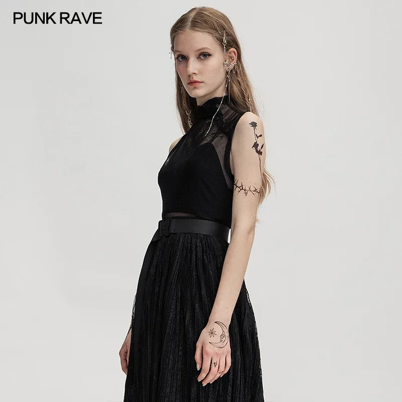 PUNK RAVE Women\'s Gothic Free A Series Elastic Mesh High Neck Vest Daily Wear Slim Fit Perspective Snowflake Knitted Top