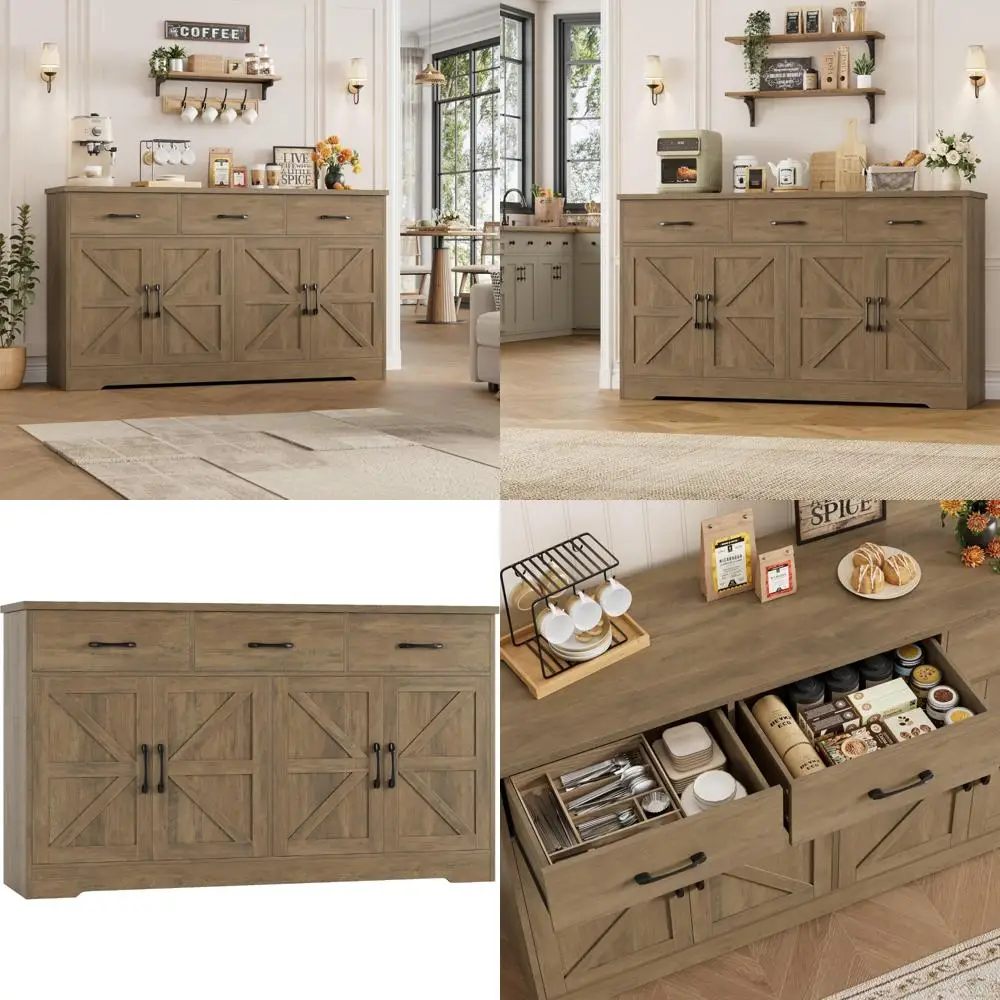Farmhouse Style Large Buffet Cabinet with Storage and 3 Drawers - Wood Kitchen Coffee Bar Sideboard