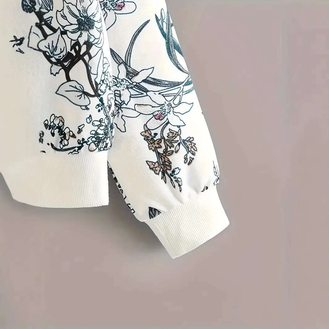 Bluza z okrągłym dekoltem, opadającymi ramionami, z kwiatowym nadrukiem roślinnym, nowy styl, długi rękaw, lekka, 2025