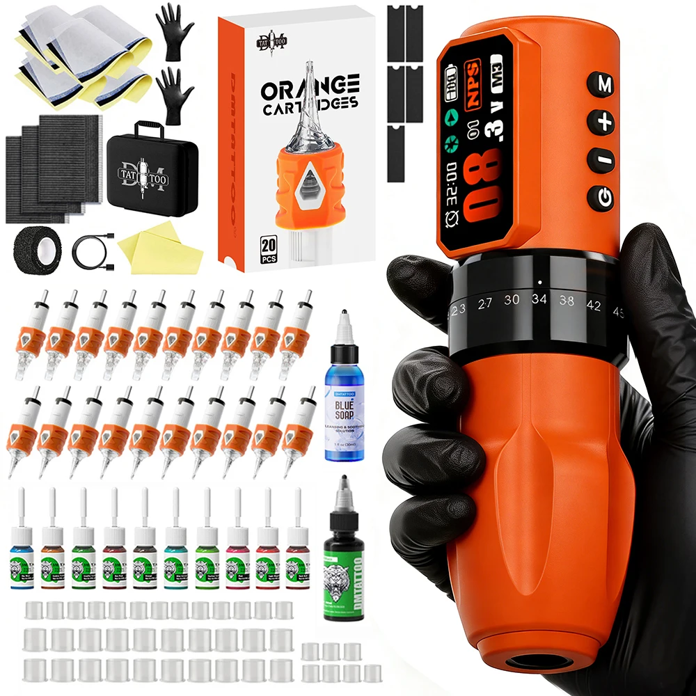 

Black/Orange Wireless Tattoo Machine Kit Adjustable Stroke Tattoo Pen Coreless Brushless Motor With Tattoo Ink Tattoo Blue Soap
