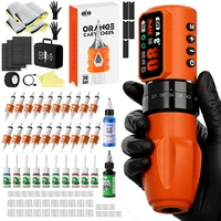 Kit de Máquina de Tatuar Inalámbrica Negra/Naranja, Pluma de Tatuar con Carrera Ajustable, Motor sin Núcleo, con Tinta de Tatuar y Jabón Azul para Tatuar