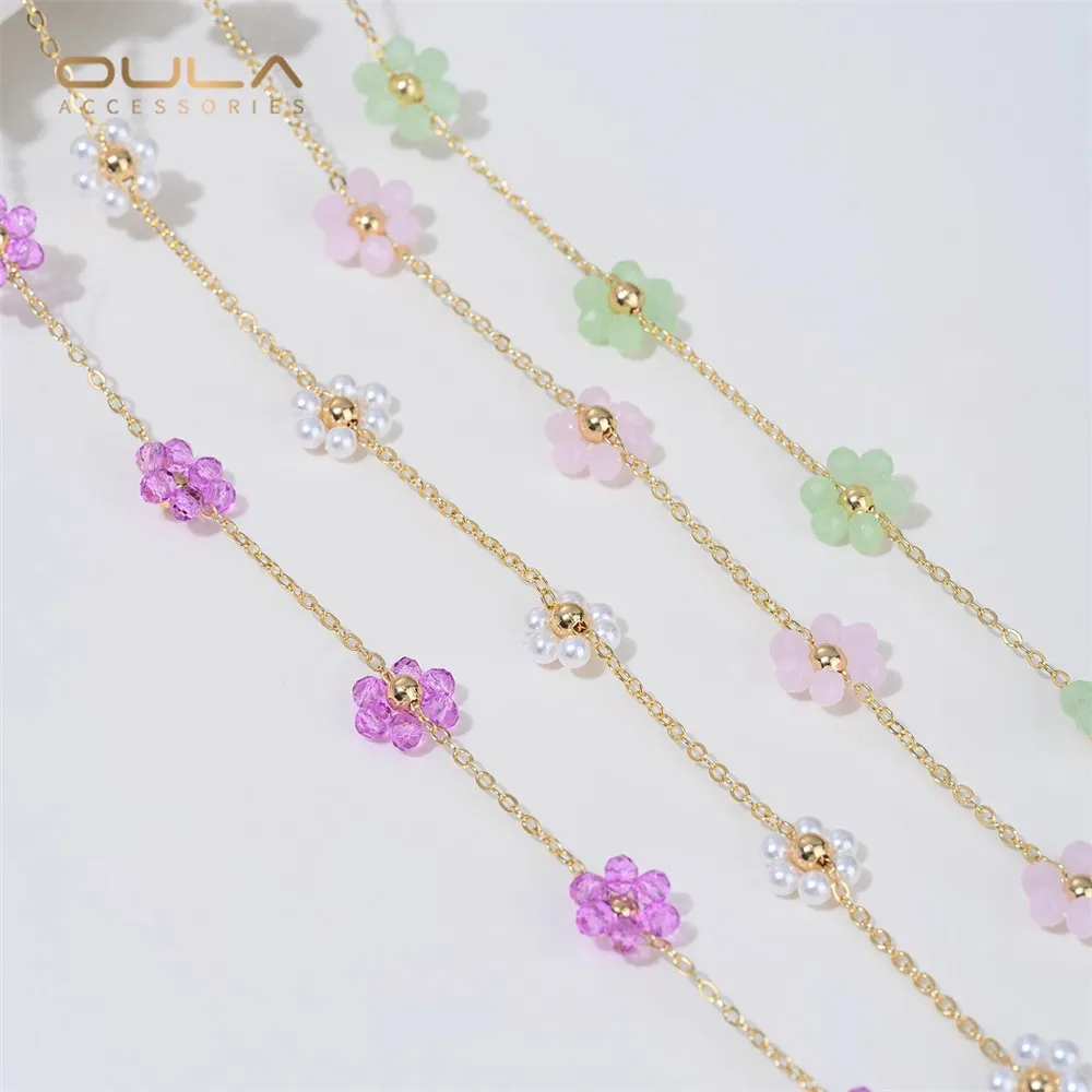 

14-каратное позолоченное жемчуг, фиолетовый, розовый, зеленый, хрустальный цветок, свободная цепочка, браслет ручной работы, ожерелье, аксессуар, материал