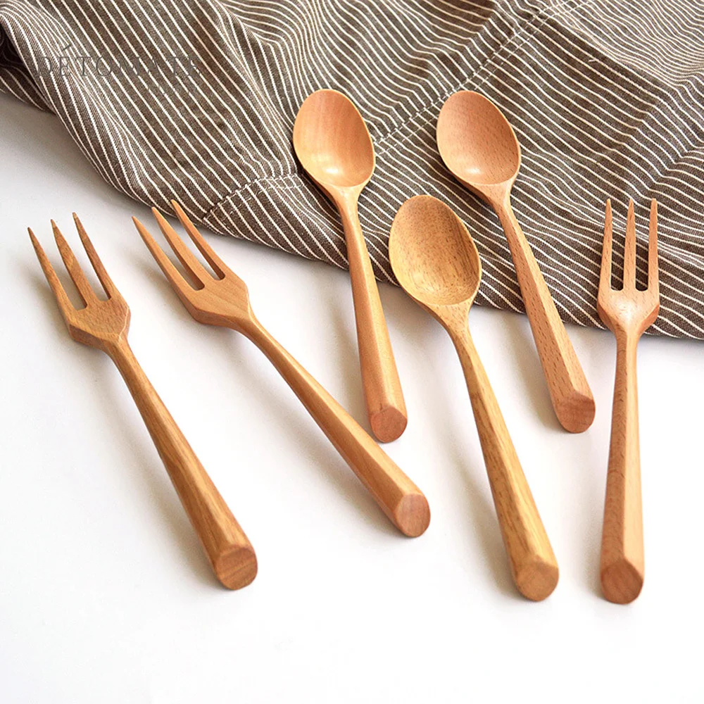 

Natural Eco-friendly Wood Handle Dessert Kitchen Ice Cream Utensils Tableware Fork Wooden Spoon