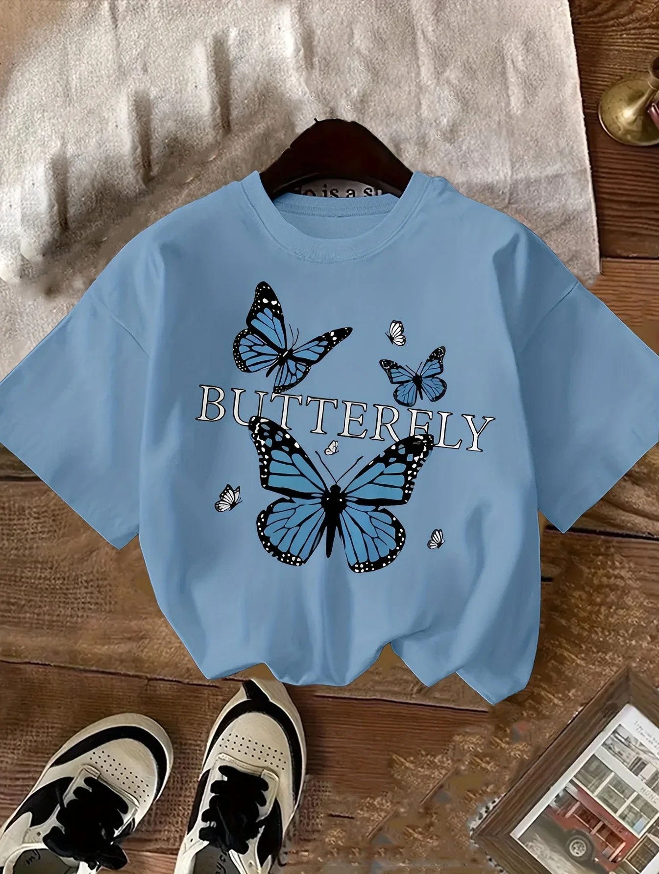 Girls Tee Blue Monarch Butterfly Group and Butterfly Word Print Soft Cotton Kids Trendy Casual Short Sleeve Parent-child T Shirt