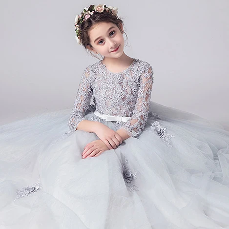 

LA162 2019 new fashion design light grey kids girl dress wholesale children evening dress