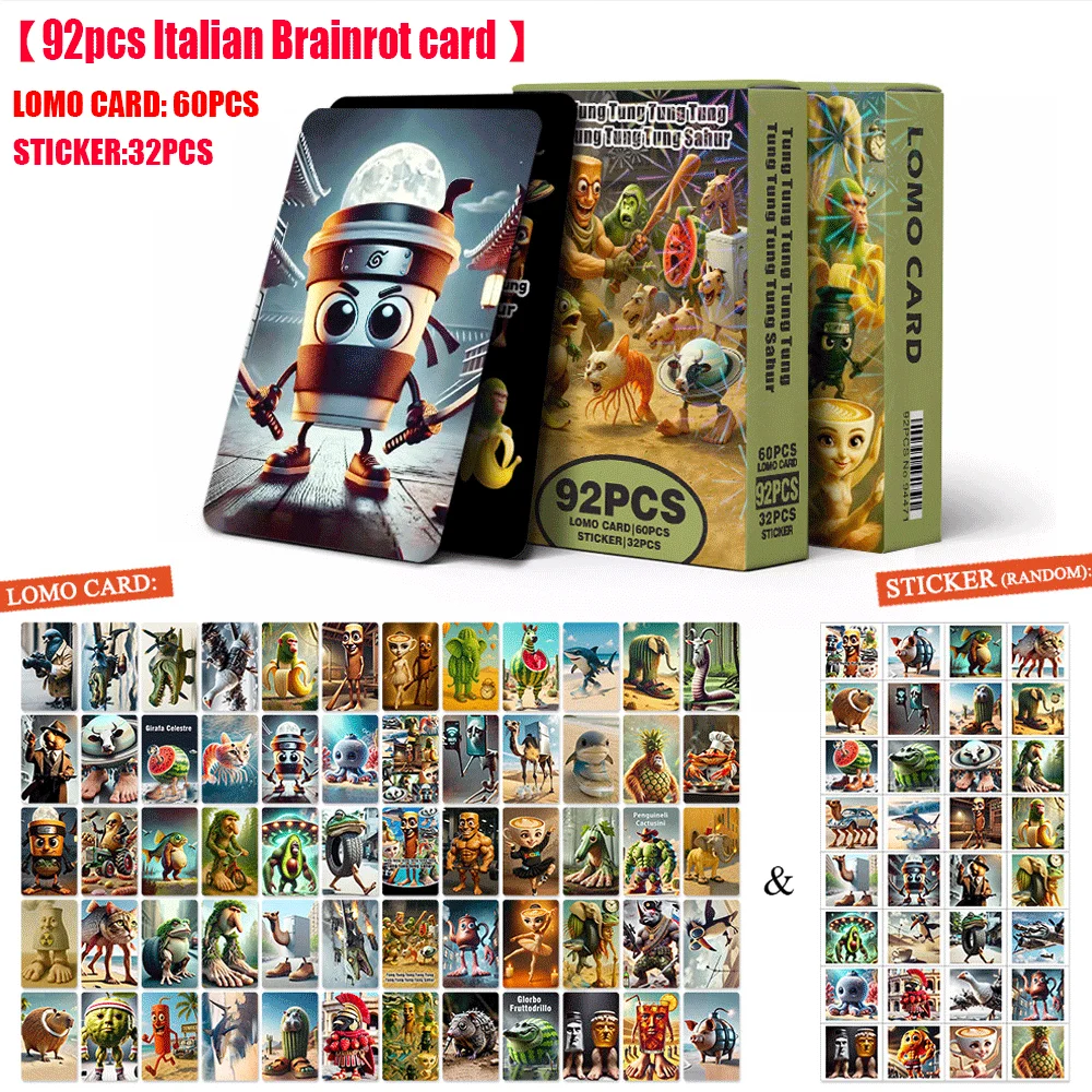 

92 шт., карты Tralalero Tralala, аниме, итальянская игра Brainrot, карта Tungtung Sahur, коллекция фотографий, детская вечеринка, косплей, классические игрушки