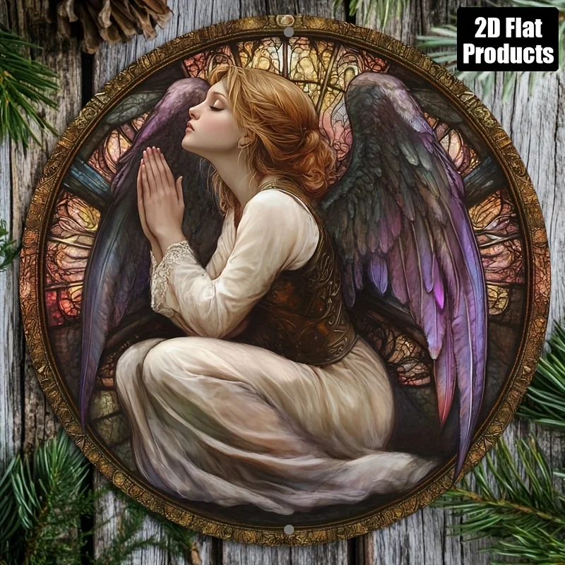 Retro Angel Prayer Sign Round Aluminum Wall Decor 8x8 Inch, Vintage Cafe Bar Office Unpowered Glass-Effect Plaque