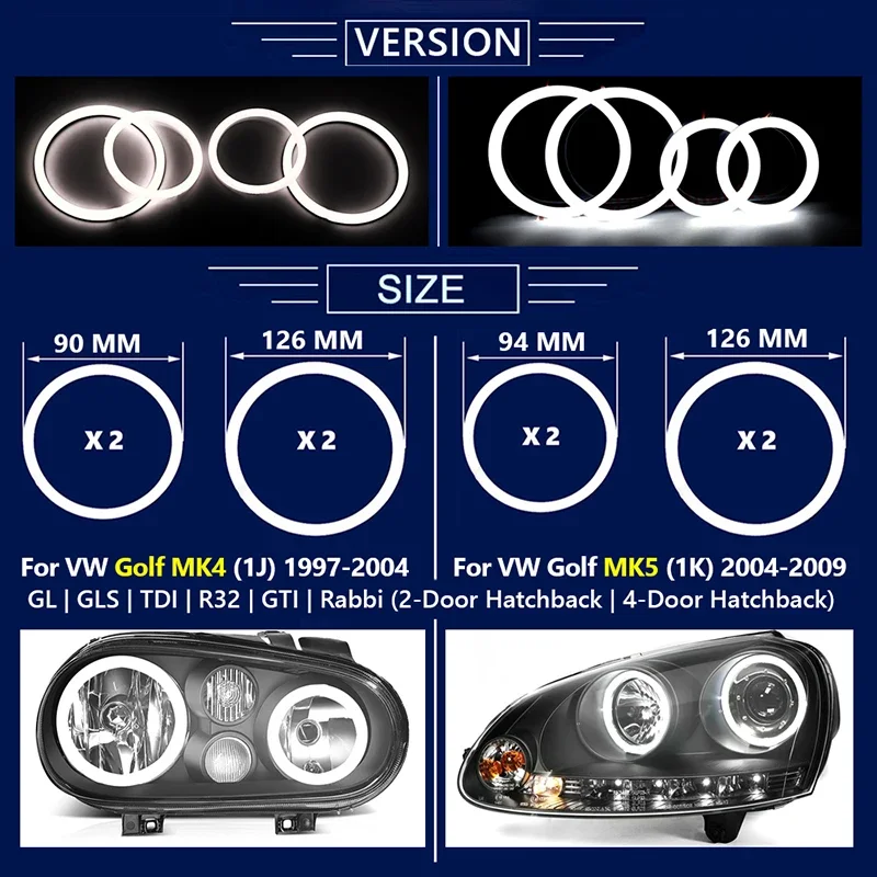 4Pcs Cotton Light LED Angel Eyes Halo Ring Kit Headlight DRL White for Volkswagen Golf MK4 1J MK5 1K GL GLS TDI R32 GTI Rabbit view 2