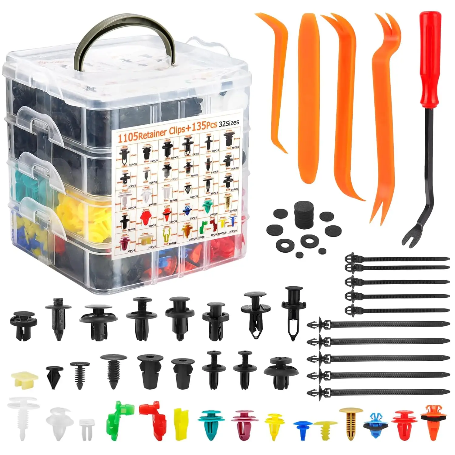 

Car Retainer Clips Fasteners Kit Nylon Bumper Fender Rivets Door Panel Clips Plastic Rivets with 10 Cable Ties and Removal Tool