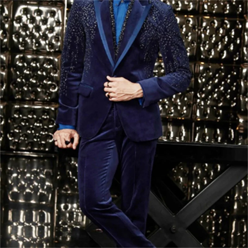 Men Suits Sparkly 2 Pieces Velvet Blazer Pants One Button Beads Diamonds Party TuxedoSlim Wedding Groom Plus Size Costume Homme