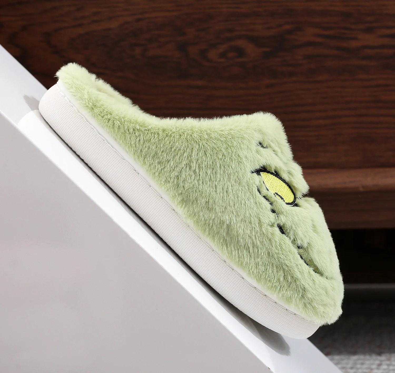 WinteNew  Cartoon Green Monsters Warm Fur Women Men Slippers High Home Cover Lovers Plush Shoes Solid Slip-on EVA Ladies Fluffy