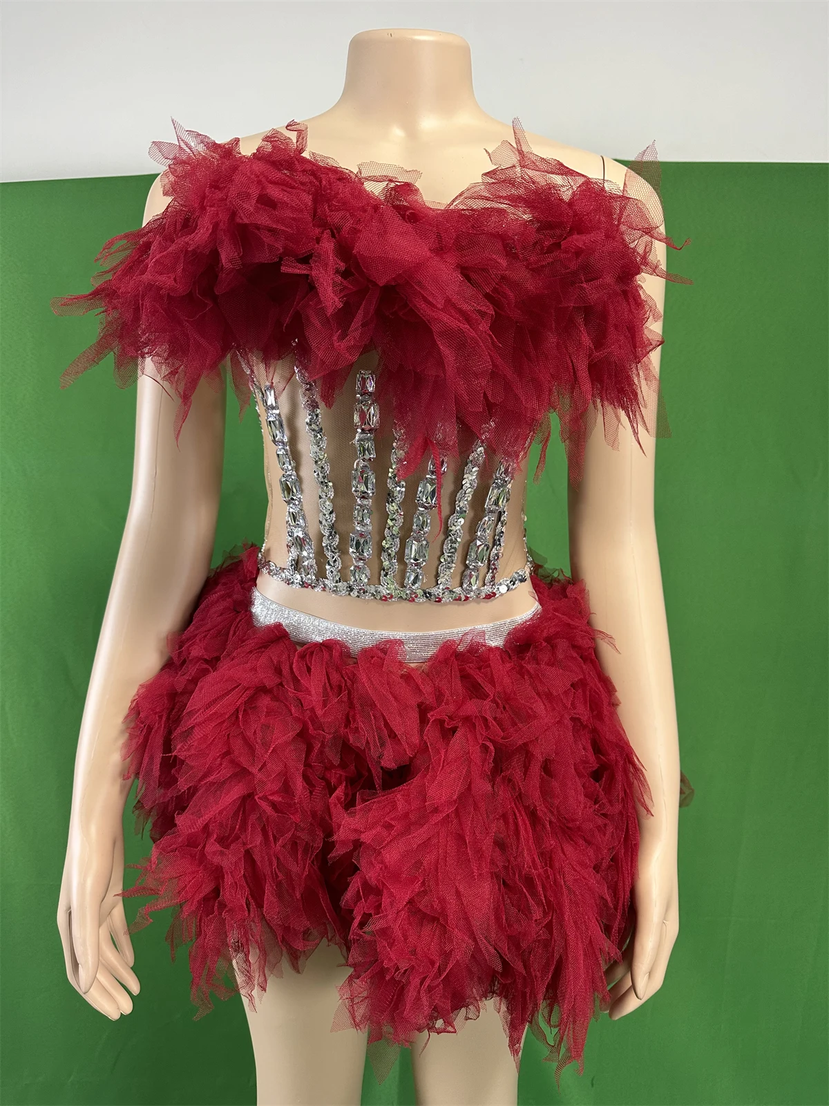 

Women Wine Red 2 Pcs Set Dress Tops Skirts Drag Queen Outfits Rhinestone Ruffle Mesh Dressy Design Photoshoot Props Clubwear