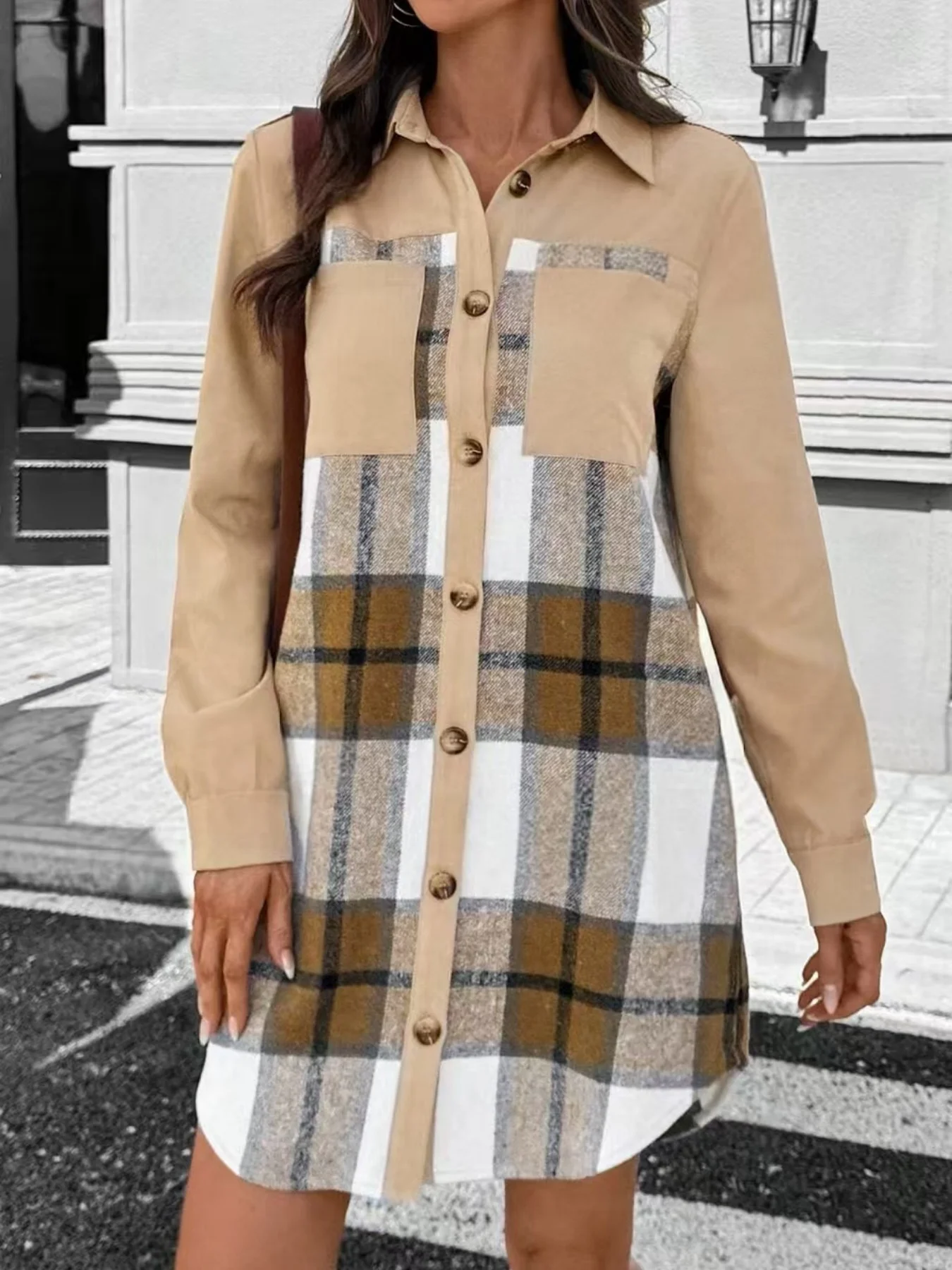 

Lady's elegant and comfortable casual plaid long-sleeve shirt dress