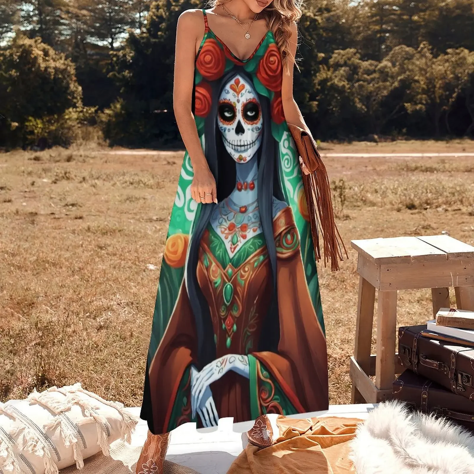 Dia de los Muertos Brunette Lady with Brown Gown Sleeveless Dress women's summer jumpsuit Women's clothing