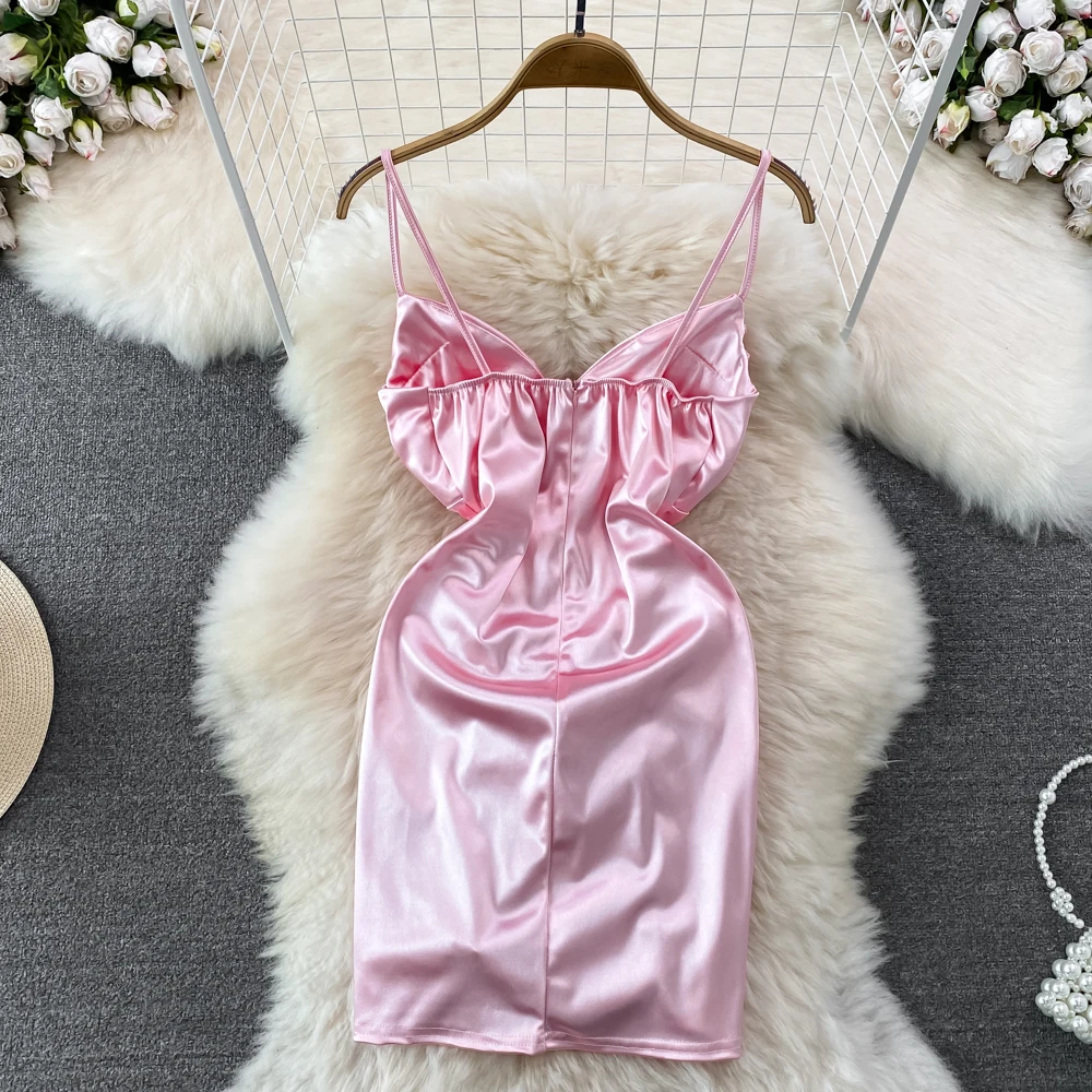 Mulheres cetim seda ruched vestido senhora estilingue sexy puro desejo vestidos senhora data noite cama sexy allure festa rosa hotsweet homewear