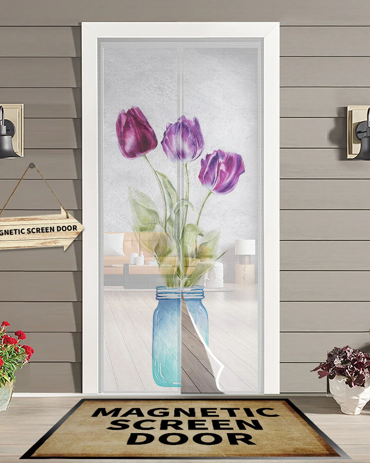 Hand-Painted Flowers And Vases Kitchen Curtain Magnetic Mosquito Net Curtains Summer Bedroom Anti Insect Door Curtain