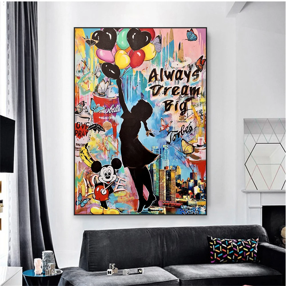 Disney Mickey Mouse Art Poster Graffiti Art Prints Always Dream Big Quotes Colorful Canvas Painting Home Office Room Wall Decor