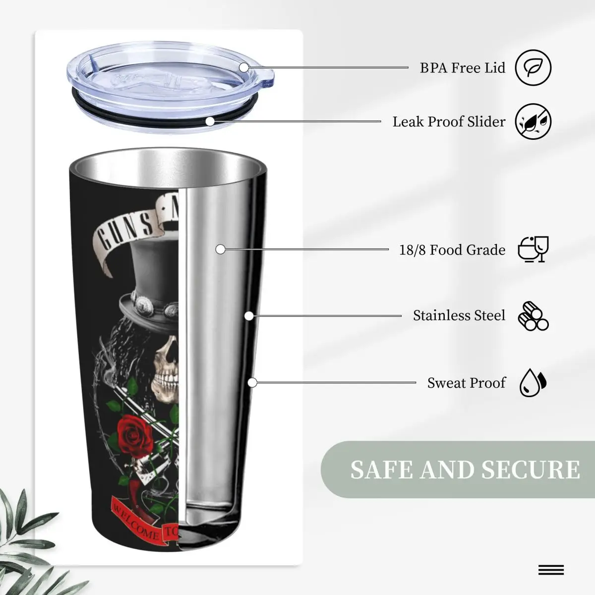 Slash Guns N Roses Tumbler With Lid and Straw Stainless Steel Travel Mug Double Wall Vacuum Insulated for Cold and Hot 20oz