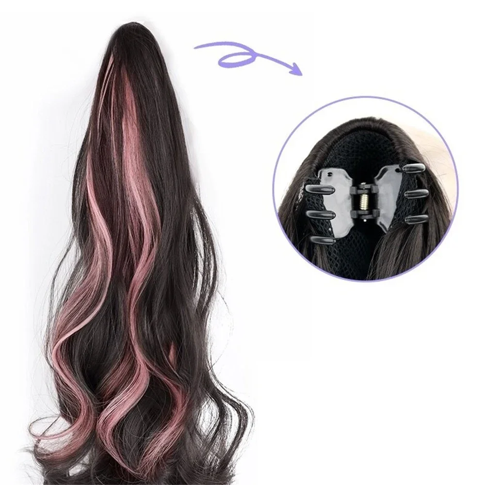 Cabelo sintético de extensão rabo de cavalo para mulheres, longo ondulado, garra reta, clipe na cauda do pônei, cabelo rosa