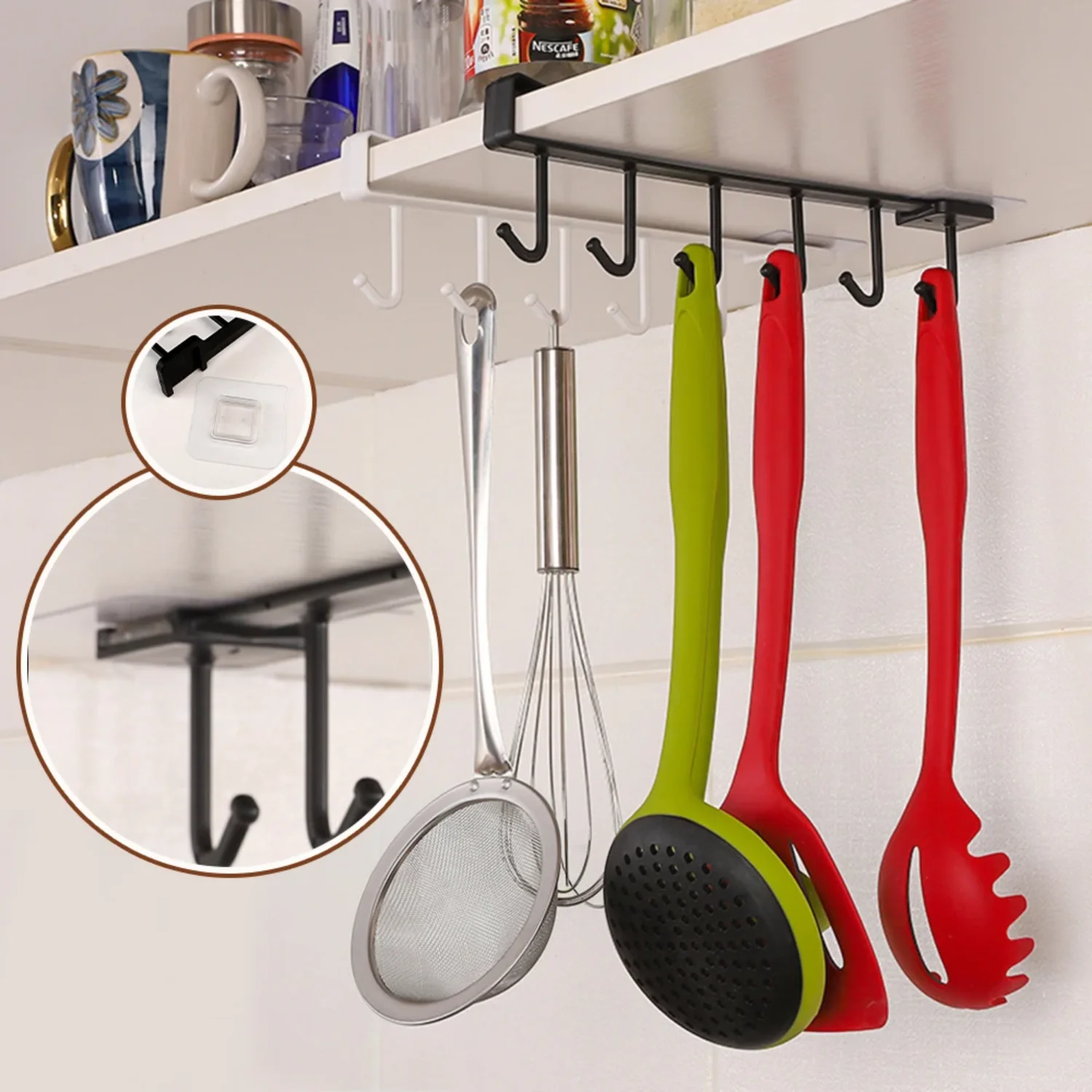 

Multifunction 6 Hook Coffee Cup Mug Holder Black White Shelf Multifunction Kitchen Cabinet Sundries Organizer