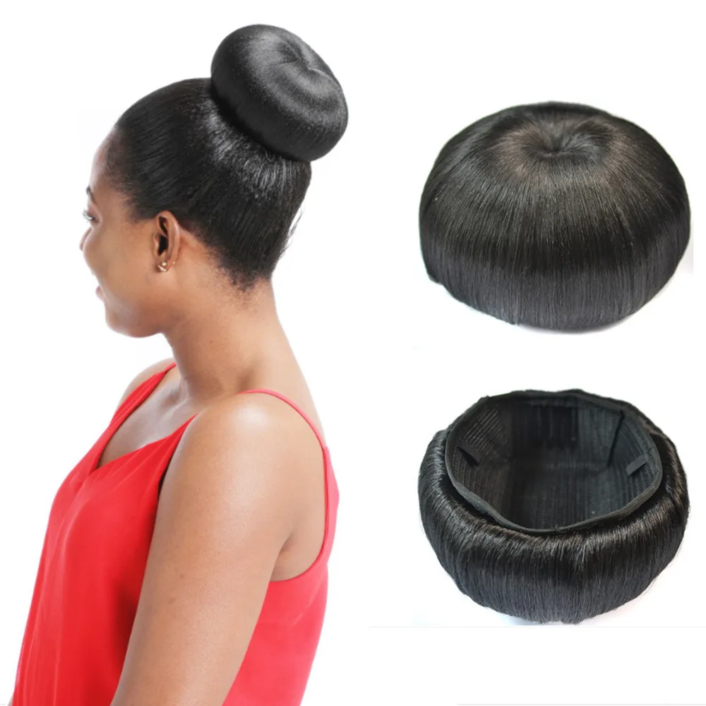 Jeedou Synthetic Spherical Updos Chignon With Bangs Clip In Hair Bun Pad Donut Rubber Band Hairpieces Black Color