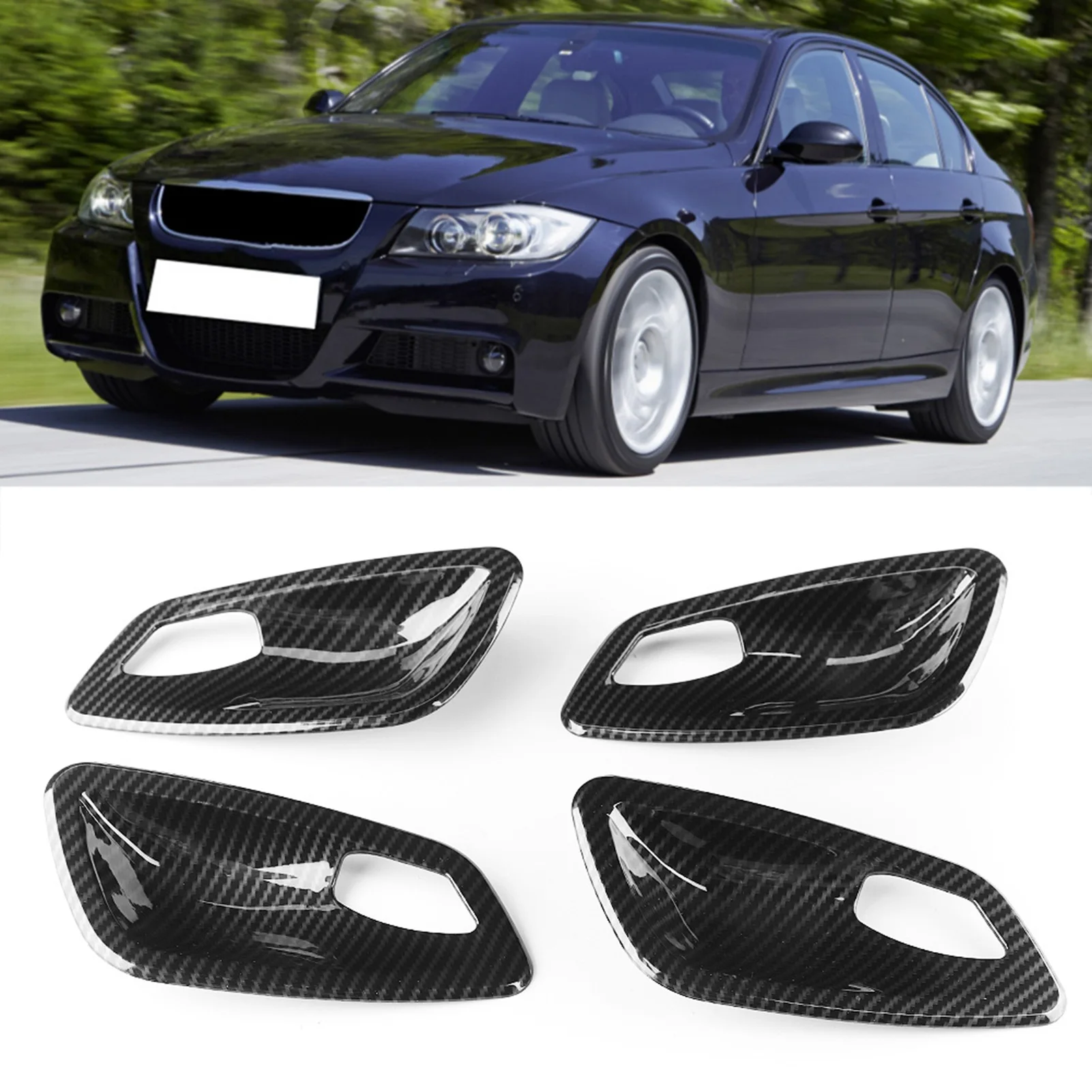 Carbon Fiber Texture Interior Door Handle Bowl Trim Cover Fit for E90 3 Series 2005‑2012 Interior Door Handle Bowl Trim