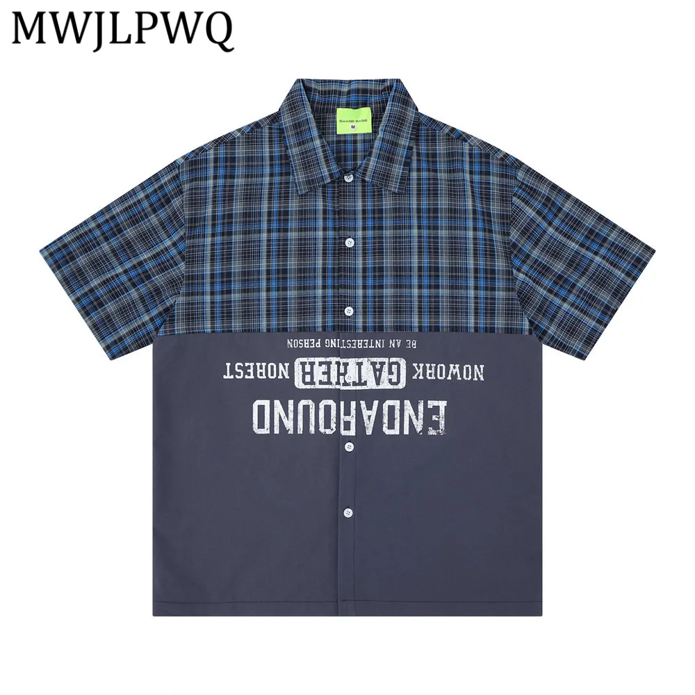 

MWJLPWQ Patchwork Short-Sleeve Men Letter Print Shirt Hip-Hop Trendy Unique Design Plaid Casual Tops Street New For Summer 15220