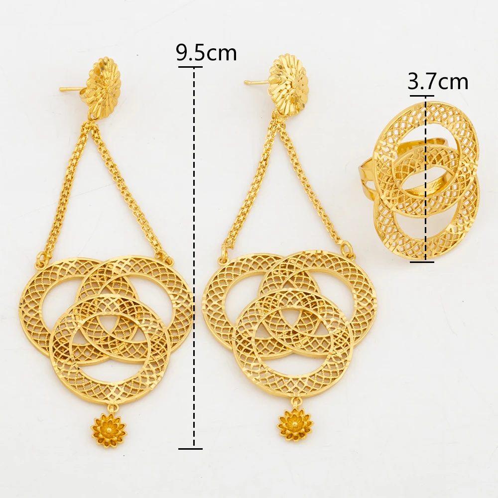 Dangle Earrings and Ring Jewelry Set for Ladies Exquisite Gold Plated Copper Earrings and Finger Ring Dubai Jewelry Accessories