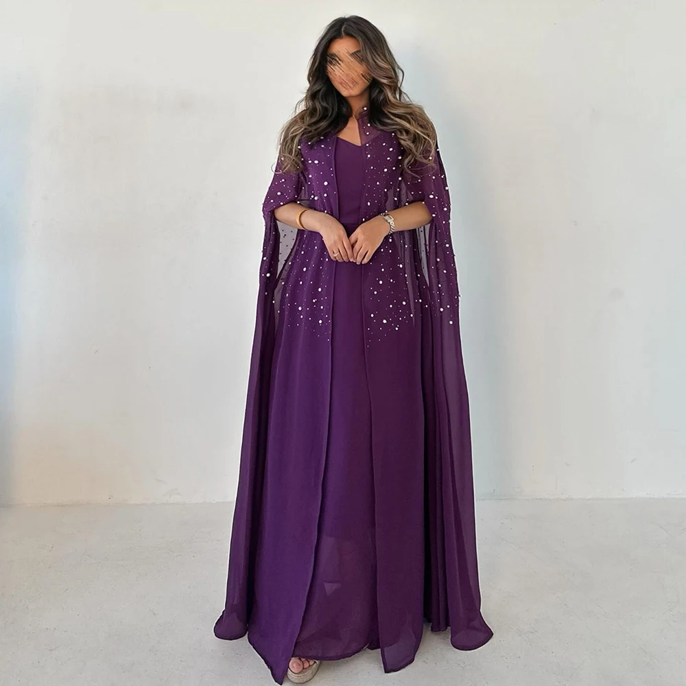 

Dubai Luxury Prom Dresses Chiffon Sheath/Column Evening Dress Purple V-neck Cape Pearls Special Occasion Dresses Long 2025