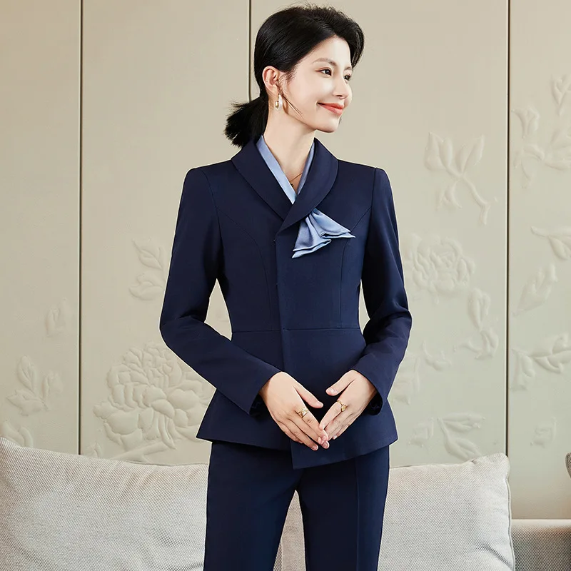 

Темно-синий блейзер с v-образным вырезом, женский осенний деловой костюм 2025 года, деловой костюм для стойки регистрации отеля, урочистый костюм для священника