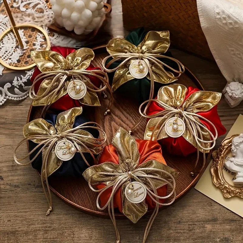 

10 шт., роскошная упаковка, бархатный мешочек на шнурке, шелковый подарочный пакет для ювелирных изделий, свадебные коробки конфет с жемчужной веревкой, декор, сувениры, сумки