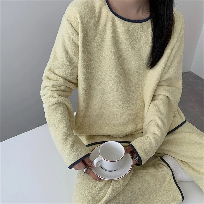 

Long Sleeve Flannel Sleepwear Winter Warm Home Clothes 2Pcs Pijamas De Mujer Soft Loungewear Female Korean Style Pyjamas Femme