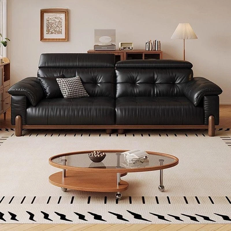 Cowhide small apartment, solid wood retro straight-row sofa