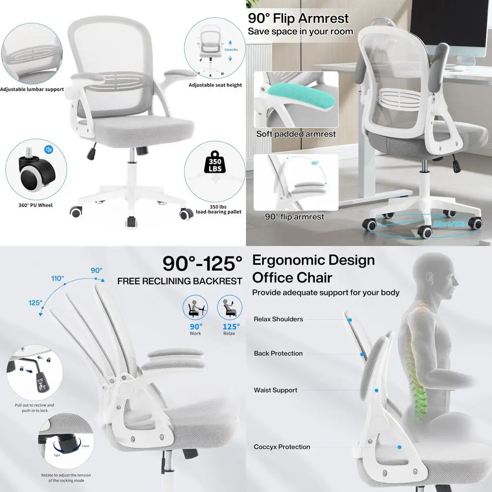 

Adjustable Ergonomic Desk Chair with Mesh Back, Flip-up Armrests, Lumbar Support - Ideal for Home, Study, and Office (White/Gray