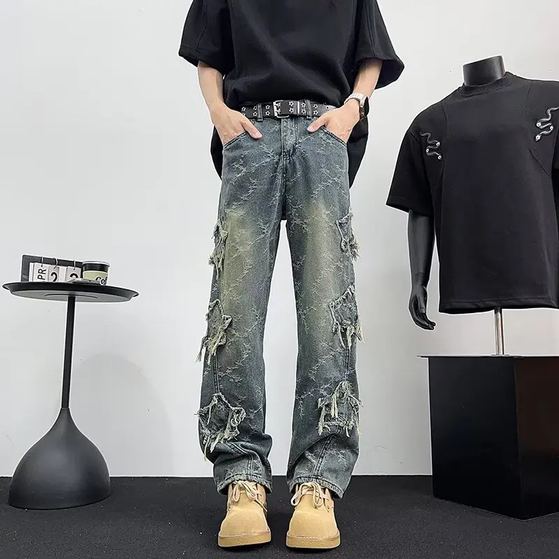 

2025 New Fashion Star Embroidery Men Jeans Pants Y2K Harajuku 90s Clothes Straight Hip Hop Cotton Trousers