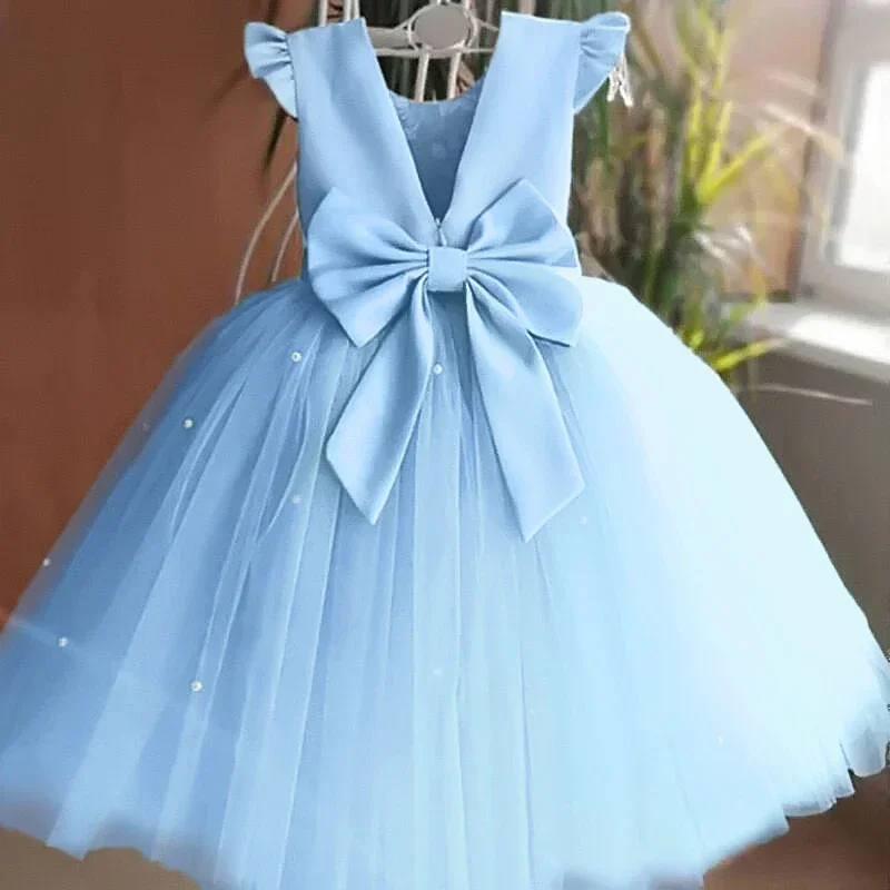 2024 New Summer Backless Baby Girl Party Dress Lace Peals Tulle Tutu Flower Girl Dresses for Weddings Bow Elegant Children Gown