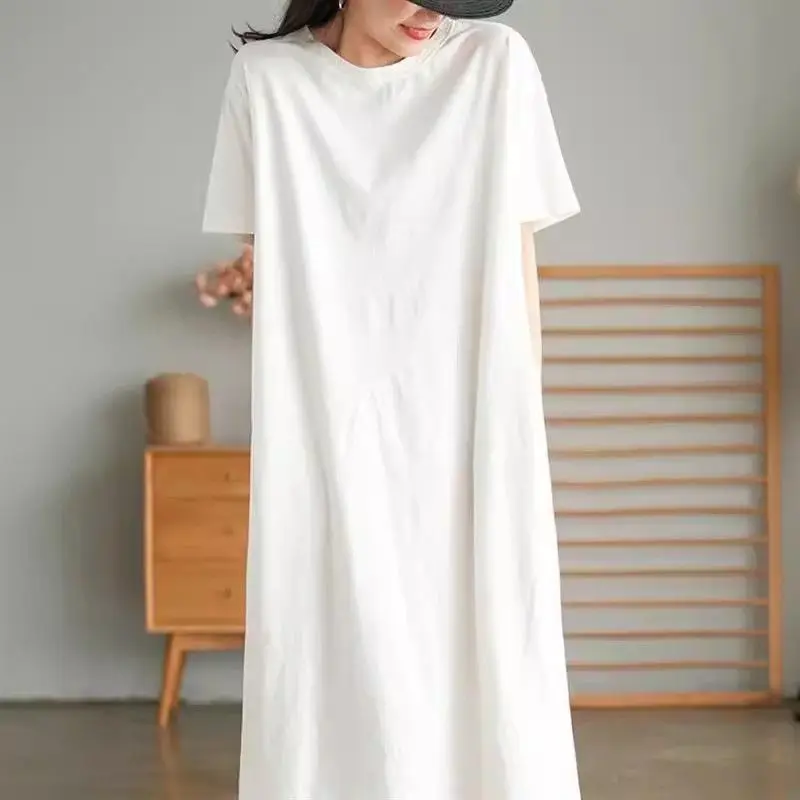Robe t-shirt à manches courtes et col rond pour femme, vêtement surdimensionné, décontracté, mode féminine, couleur unie, ample, mi-longue, été