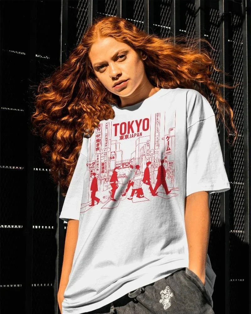 Tokyo Pattern T-shirt Suitable for All Seasons Unisex Casual Retro Cotton Women's T-shirt