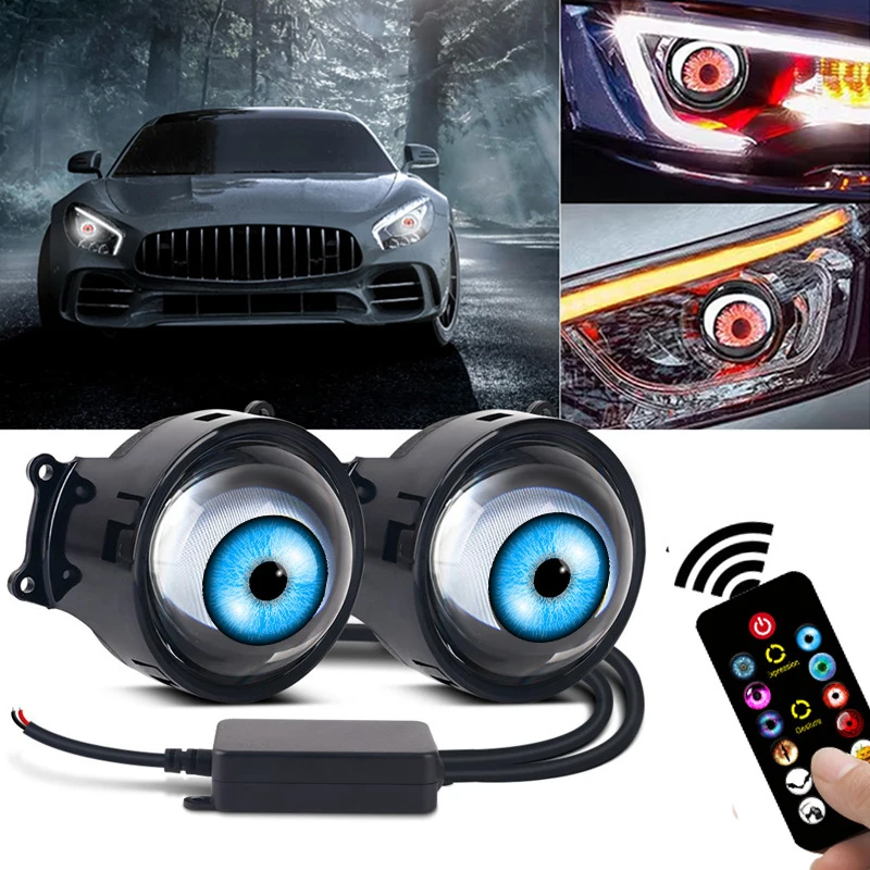 

12-36V Dynamic Devil Eyes LED Car Lights 3 Inch 14 Modes Remote Control Retrofit Headlight Assembly Auto Decoration Accessories