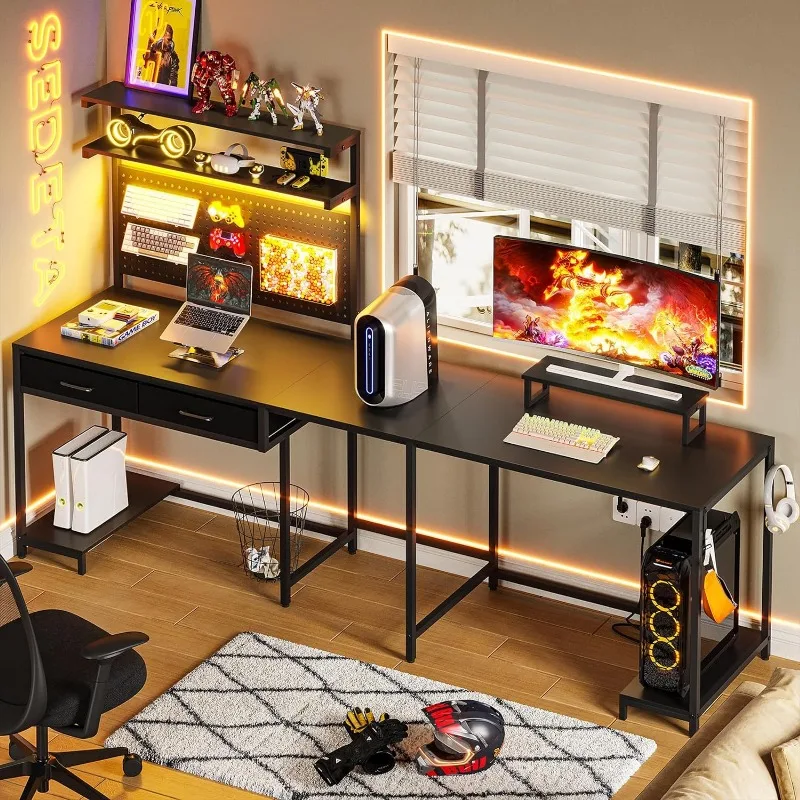 Shaped Gaming Desk with LED Lights, Pegboard and Drawers, Gaming Desk with Hutch, Computer Desk with Monitor Stand