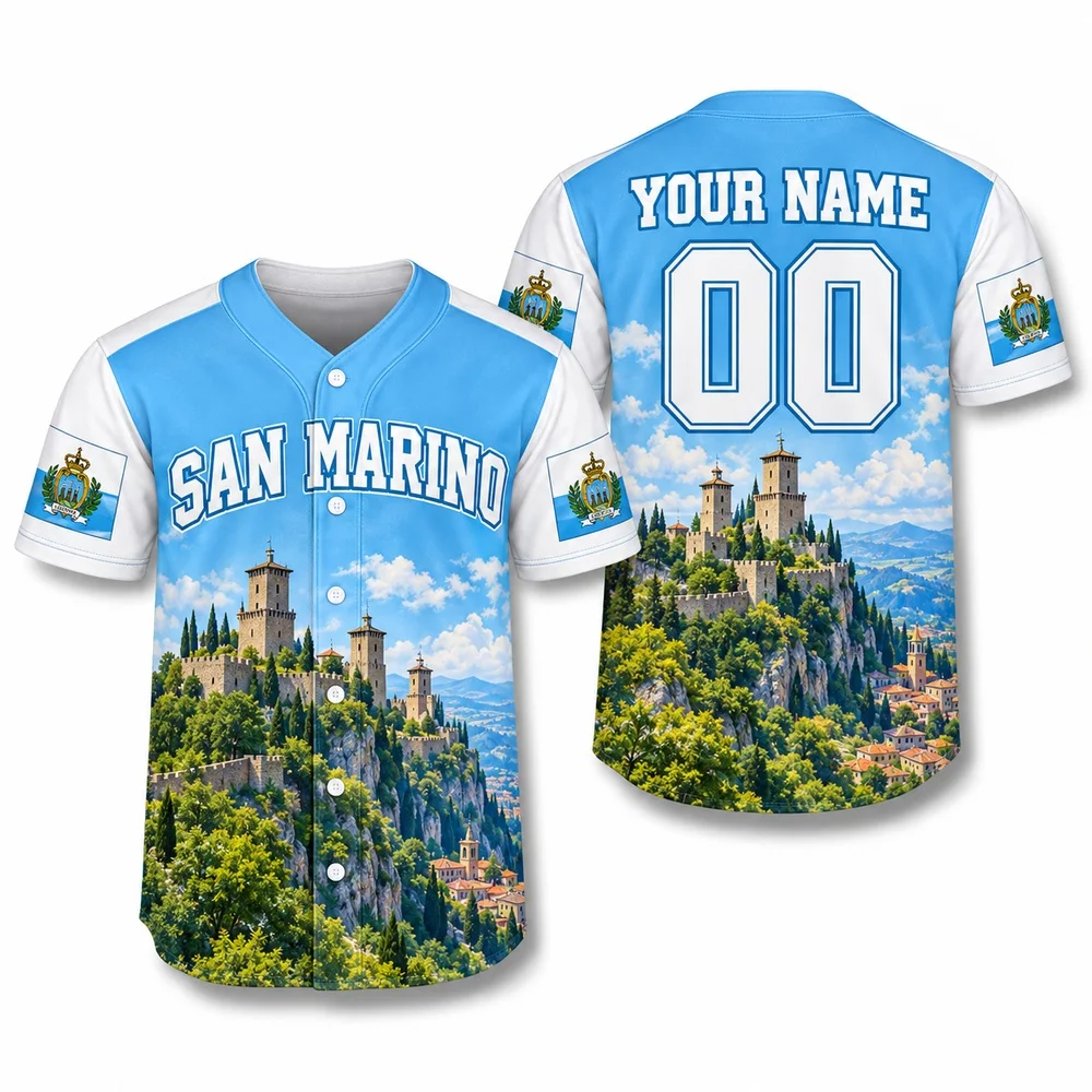 San Marino Tower Baseball Jersey White Blue Jerseys Shirt for Travel Name Number Art Bold Medieval Landscape Mens Shirts