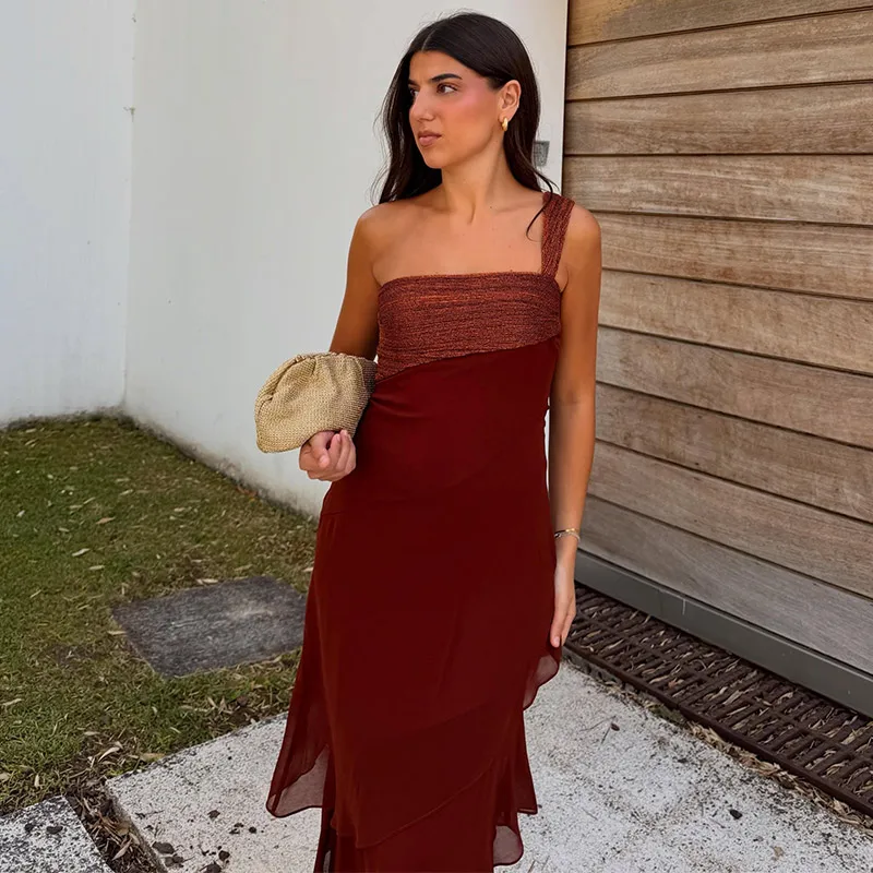 Neues 2026 Sommer Urban Patchwork Damen Maxikleid mit Kaskadenrüschen, schrägem Kragen und Empire-Schnitt – perfekt für den Urlaub – Detail 6