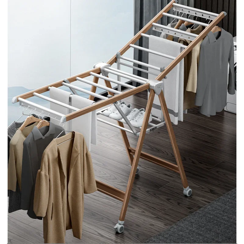 

Indoor Drying Rack Clothes Hangers Aluminum Alloy Material Wood Grain Process Stable Load-bearing Practical Laundry Rack