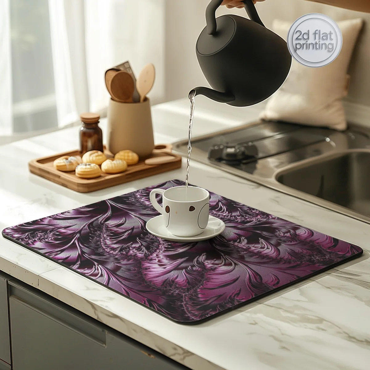 1 tapete decorativo para secar platos con un diseño de fractales de plumas, con un estilo artístico abstracto. Paño Absorbente de Cocina