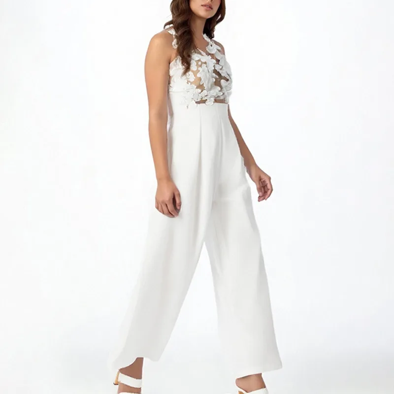 HKSH Wiosna Lato Nowy Damski Kombinezon Bez Rękawów Dekolt V Przezroczysta Siateczka Trójwymiarowe Kwiatowe Wstęgi Szerokie Nogawki Modny HK18028