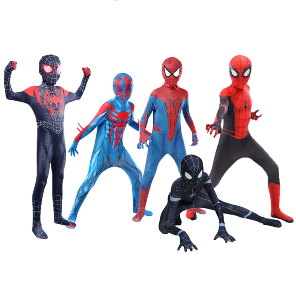 Spiderman Cosplay para Crianças Miles Morales Longe de Casa, Zentai Superhero Bodysuit, Spandex Suit, Estilo 3D, Novo