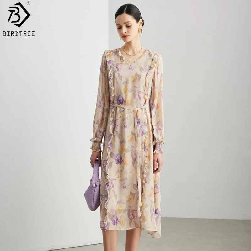 BirdTree, 100%Silk Print Dress, Full Sleeve O-neck, Women Georgette Double Layer Ruffle Dresses, French Style, 2026 New D64121JF